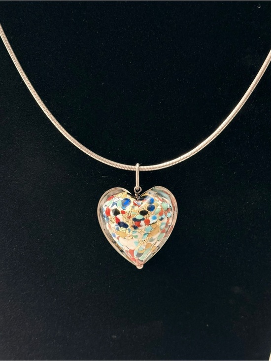 Murano Jewelry - Murano Multicolor Confetti Puff Heart Pendant on a Silver 18” Necklace